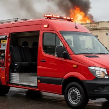 Camioneta autobomba con incendio detrás y bomberos